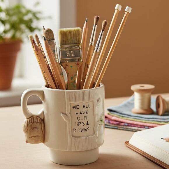 Vintage 1980s Enesco Owl Stacking Mug – 3D Ceramic Coffee Cup - Mom Tree Carving - Picture 2 of 13